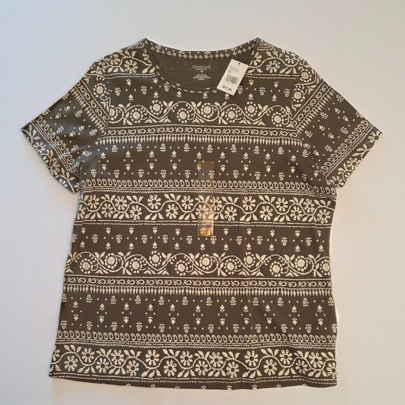 NWT North Crest Women’s Plus 1X Short Sleeve Tee Ivy Green & Cream Floral Print - Picture 1 of 8